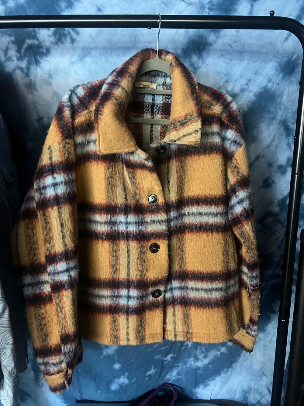 Womens Mustard Plaid Button-Front Wool Jacket